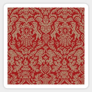 Beige on Red Weird Medieval Lions, Cherubs, and Skulls Scrollwork Damask Sticker